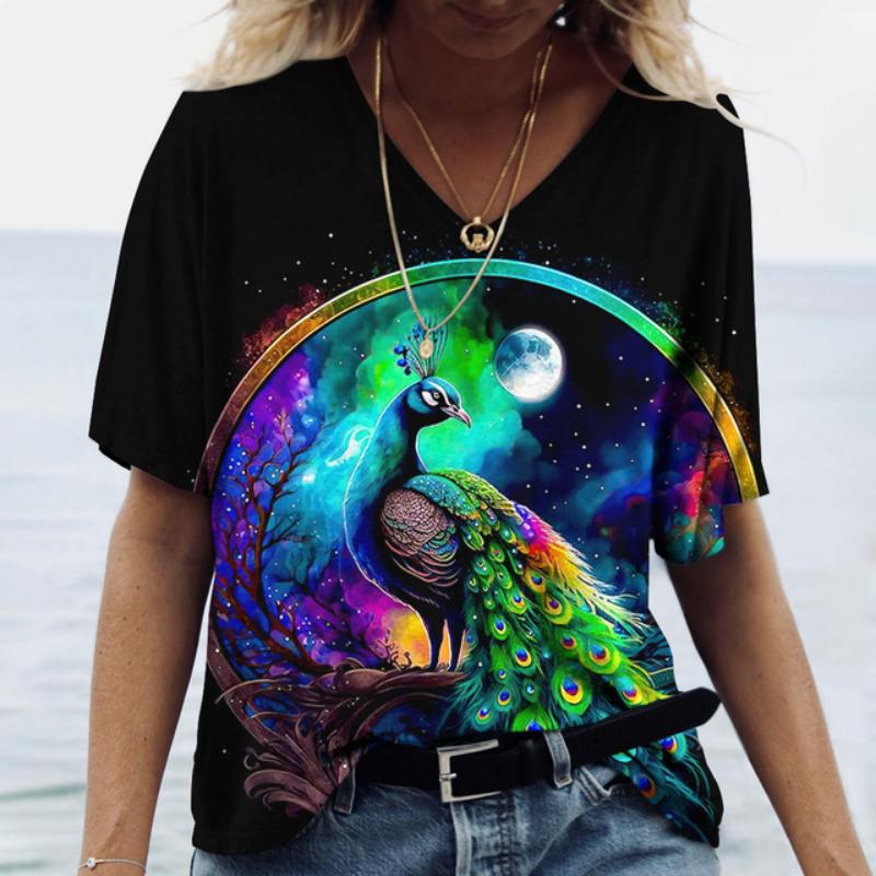 Роскошная женская футболка с рисунком павлина, летняя свободная женская одежда, большая блузка с v-образным вырезом, женские повседневные повседневные футболки с короткими рукавами
