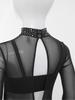 Girls Dance Performance Jumpsuit Full Body Leotard Long Sleeve Mock Neck Mesh Patchwork Keyhole Back Bodysuit