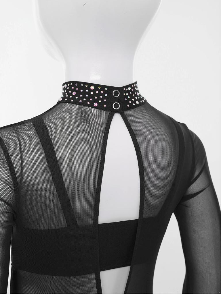 Girls Dance Performance Jumpsuit Full Body Leotard Long Sleeve Mock Neck Mesh Patchwork Keyhole Back Bodysuit