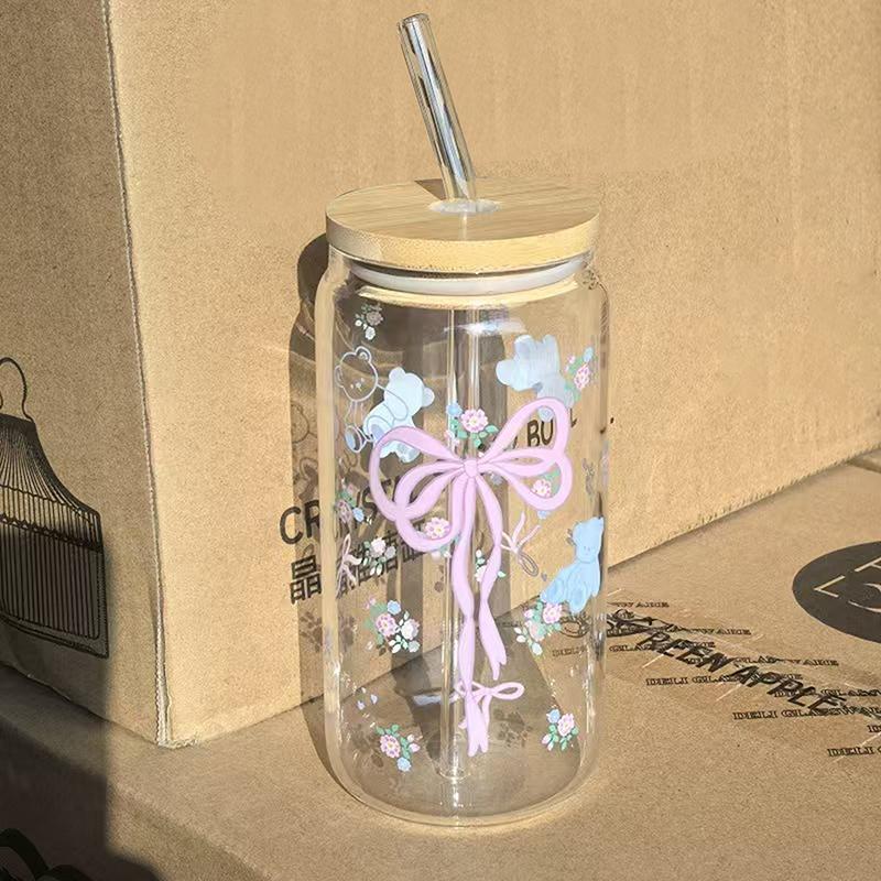 Милая стеклянная кружка с бантом для воды, мультяшная стеклянная кружка с бантом, полосатая милая кружка для кофе, бытовая кружка для фруктового чая, лимонада, подарок для девочек