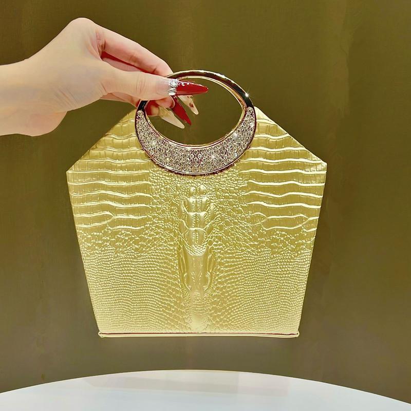 New Luxury Design Crocodile Pattern Leather Evening Bag Women Metal Ring Handle Diamond Handbags High-end Party Shoulder Bag