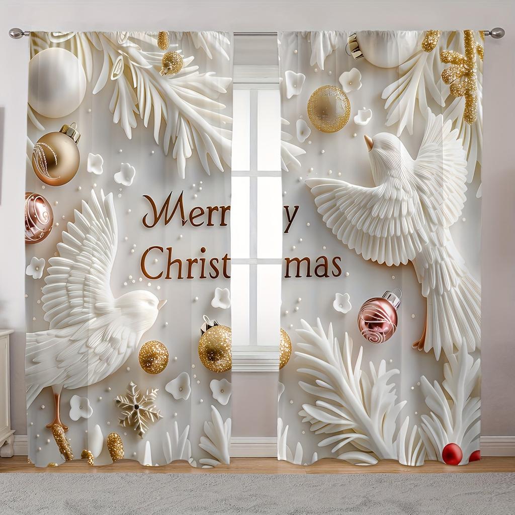 2 Elegant Classic Art Christmas Tree and Snowflake Design Rod Pocket Curtains for Home Decor In Living Room and Bedroom Window