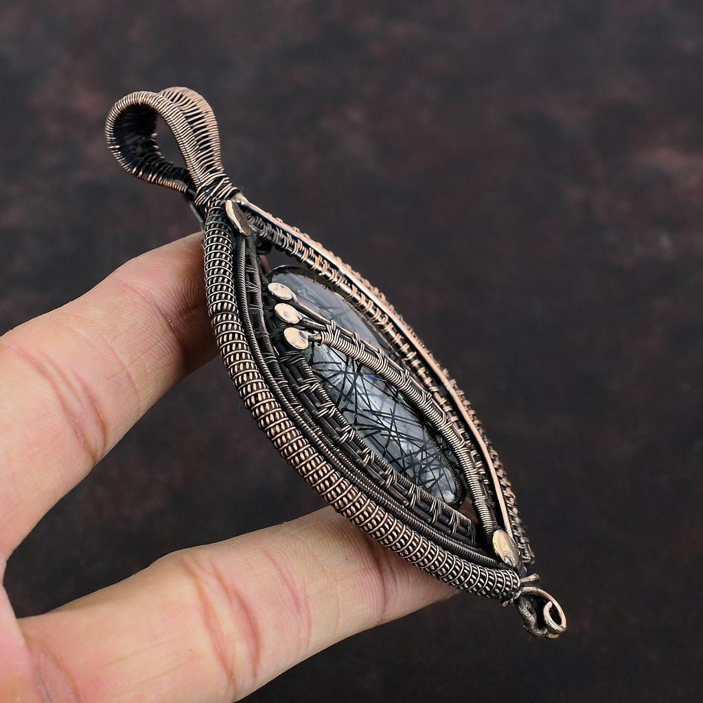 Black Rutile Pendant Copper Wire Wrapped Handmade Pendant Designer Copper Jewelry Genuine Gemstone Pendant Engagement Gift Wire Wrap Jewelry