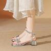 Summer New Fairy Style Thick Heel with Buckle Silver Rhinestone Sandals Women's Bow High Heels