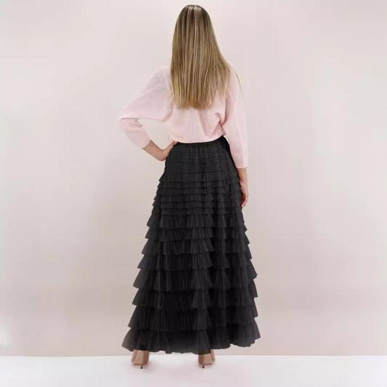Women Cake Skirt Solid Color Mid-Waist Long Skirt with Elastic Waist Mesh