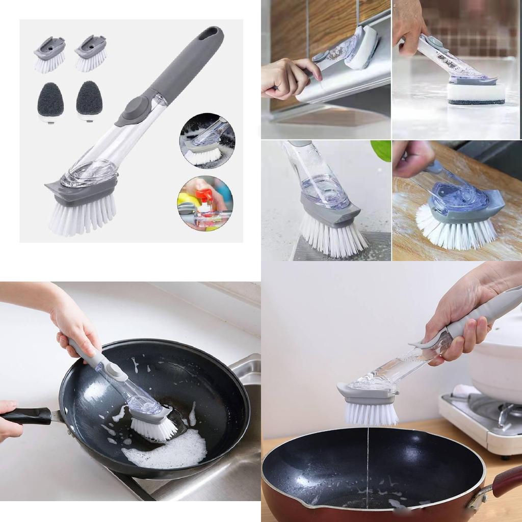 Premium Automatic Liquid Dispensing Long Handle Pot Cleaning Brush With Non-stick Features For Effortless Kitchen Cleaning