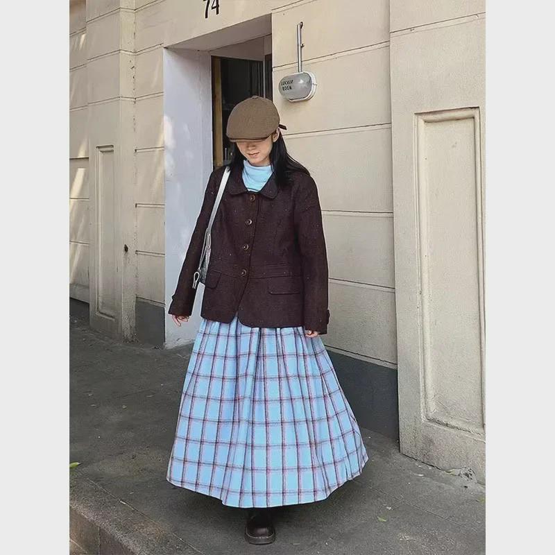 Женская шерстяная юбка средней длины в японскую клетку со складками — студенческий стиль, осенне-зимний стиль, эластичная резинка на талии, прочный дизайн в виде зонтика.