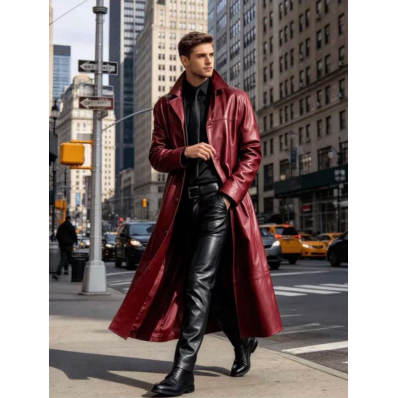 New European and American men's long PU leather trench coat suit collar business casual knee leather coat jacket men's clothing