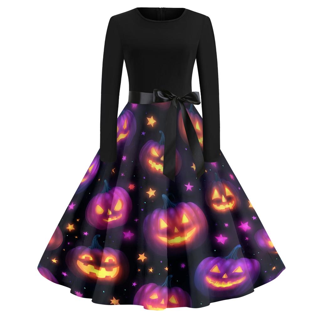 Women's Casual Fashion Round Neck Halloween Printed Vintage Dress