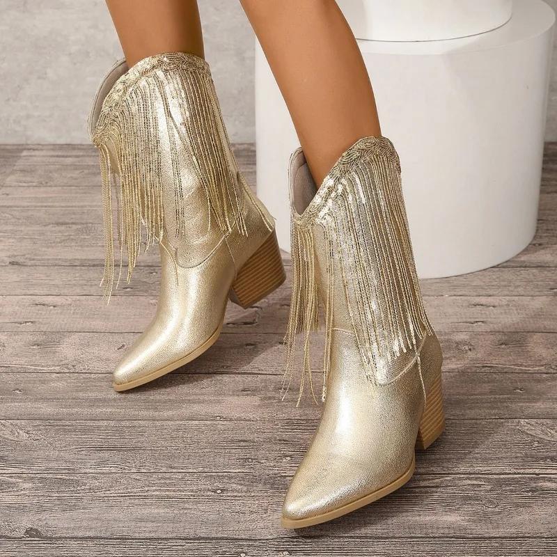 Золотые женские сапоги, высокие сапоги с кисточками для женщин, дизайнерские ковбойские сапоги, современные сапоги с острым носком, на толстом каблуке, до середины голени, в стиле вестерн