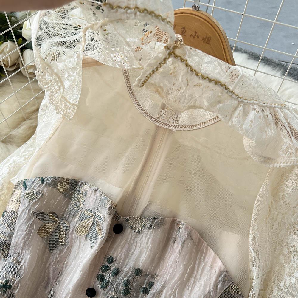 French Retro Palace Lace Jacquard Patchwork Dress Long Sleeves Ruffles Women Elegant Evening Party Dresses