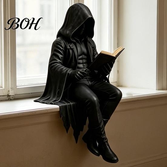 Skeleton Reader Figurine Gothic Dark Fantasy Figure, Reading Book Statue, Academy Bookshelf Ornament Home Decor for Library Office Study Room