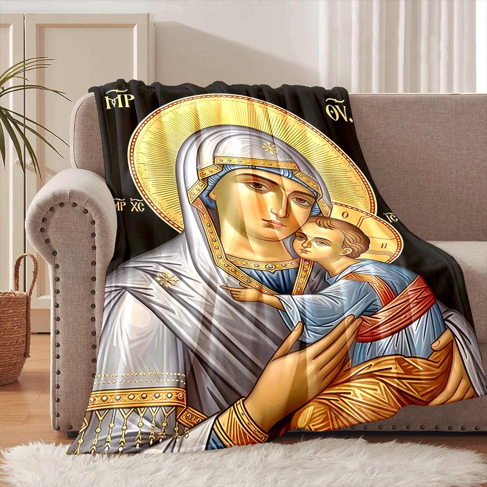 1PC Virgin Mary holding baby image Faith-printed Flannel Blanket Soft and Warm Suitable for Home Travel Picnics Camping and RV