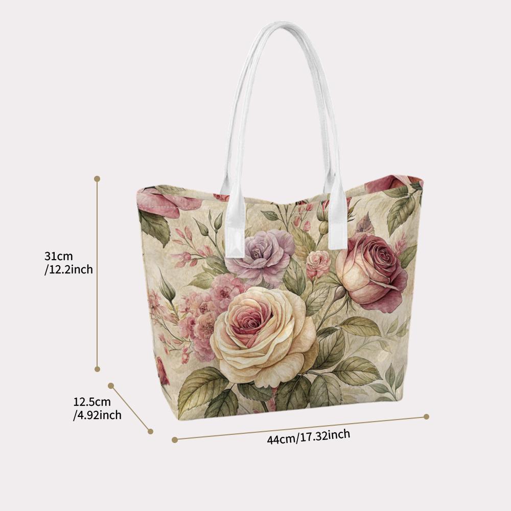 Vintage Rose Printed Tote Bag Casual Fashion Shoulder Handbag for Daily Use
