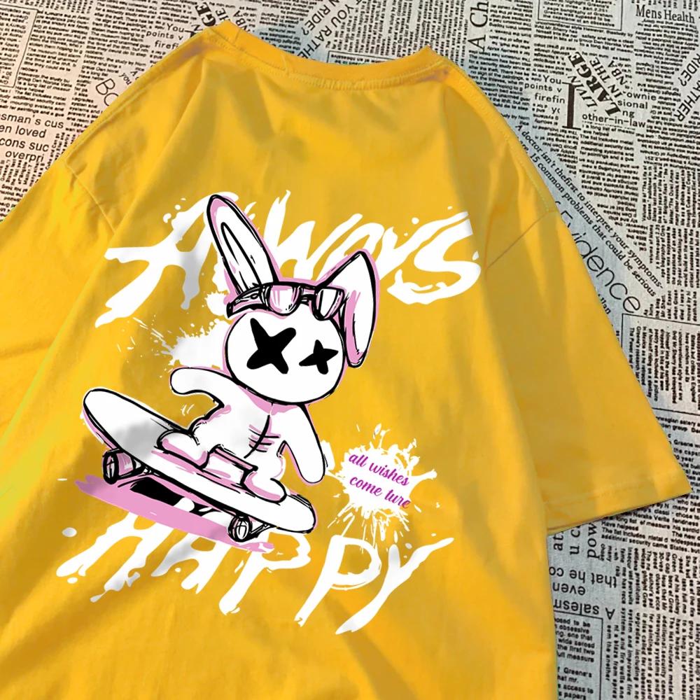 Always Happy Skateboard Rabbit Мужские футболки свободного покроя Harajuku Мягкая одежда Модная дышащая футболка Хлопковая футболка с круглым вырезом