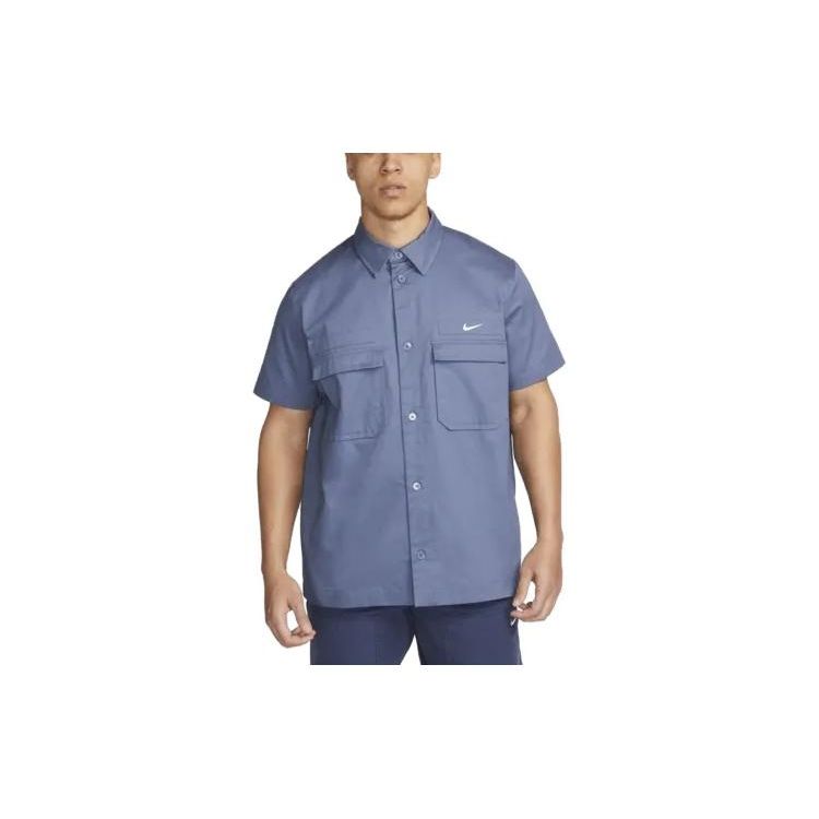 Nike Однотонная вышитая модная удобная спортивная повседневная рубашка с коротким рукавом для мужчин, рубашки диффузно-синего цвета DX3340-491