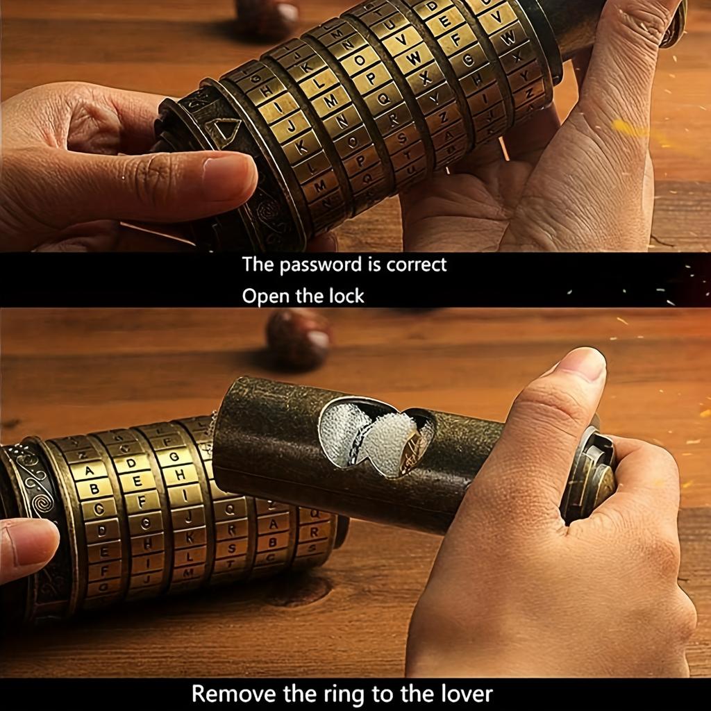 Vintage Golden Retro Cylinder Lock Box with Combination Dial, Secure Jewelry, Ring Storage, Ideal for Wedding Bands Keys,