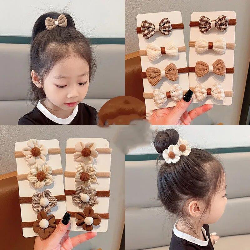 4Pcs Flower Girls Elastic Hair Bands Sweet Bow Hair Ties Children Ponytail Holder Rubber Band Headband Kids Hair Accessories
