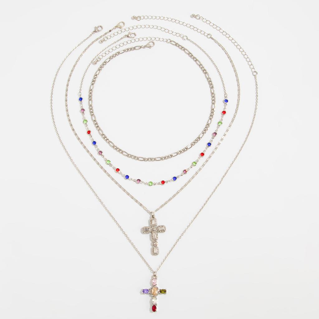 3Pcs/Set Colorful Crystal Cross Pendant Necklace for Men Hip Hop Adjustable Choker Collar Chain Christian Jewelry Accessories