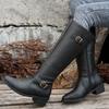 Fashion Woman Thick Heeled Long Boots Autumn Winter Pu Leather Mid Calf Boots Woman Fashion Buckle Strap Side Zipper Motorcycle Boots