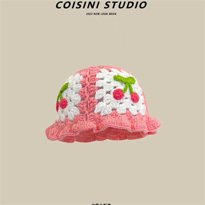 Ретро полая вязаная вручную шапка-горшок с цветком, женская осенне-зимняя, милая, универсальная, шерстяная шапка, демонстрирующая небольшой тренд