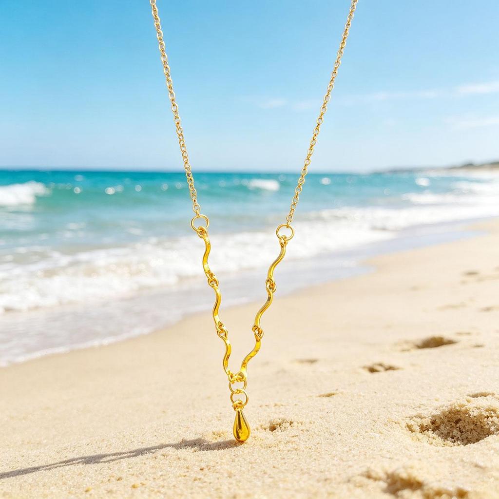 Gold Wave Water Drop Necklace for Women, Korean-style Simple Niche, Daily Commute Versatile Gentle Atmosphere Collarbone Chain