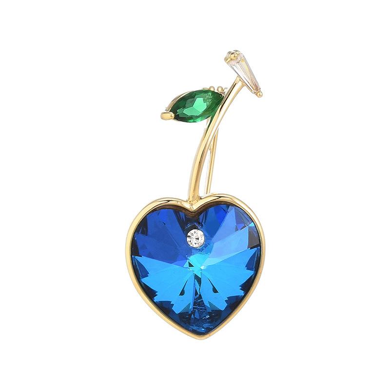 Female Fashion Blue Crystal Heart Brooches For Women Luxury Gold Color Alloy Zircon Plant Brooch Safety Pins