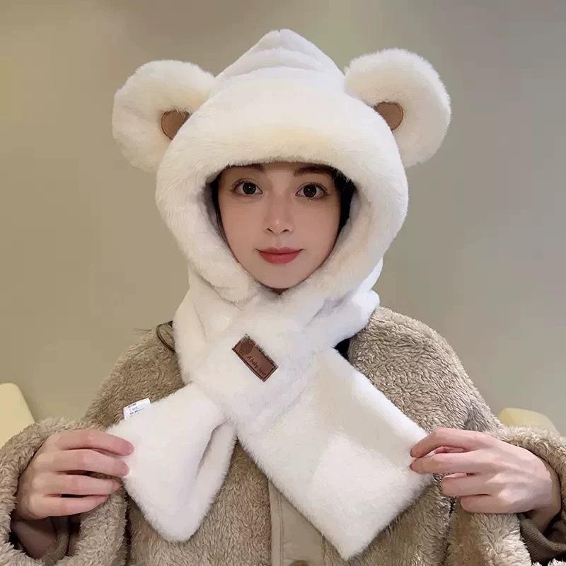 Hat and Scarf Integrated Women's Winter Versatile Cute Plush Hat Warm Plush Thickened Antifreeze and Windproof Hooded Scarf