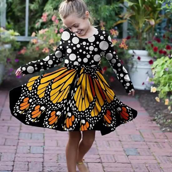 Повседневное платье для девочек с принтом в виде бабочки в виде 3D-точек, круглым вырезом и длинными рукавами, детское платье принцессы