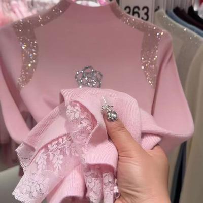 Женский свитер с полувысоким воротником «Камелия» Осень Зима Стразы Кружево Приталенный Пуловер Вязаный Топ