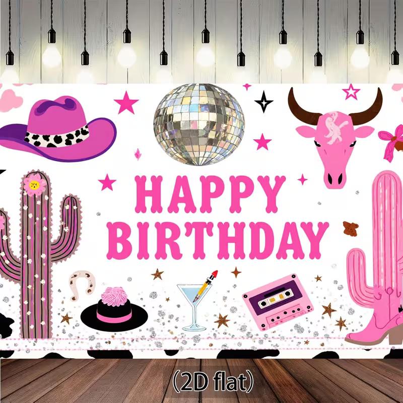 2D Pink Cowgirl Disco Birthday Backdrop, Western Cactus Photography Bann
