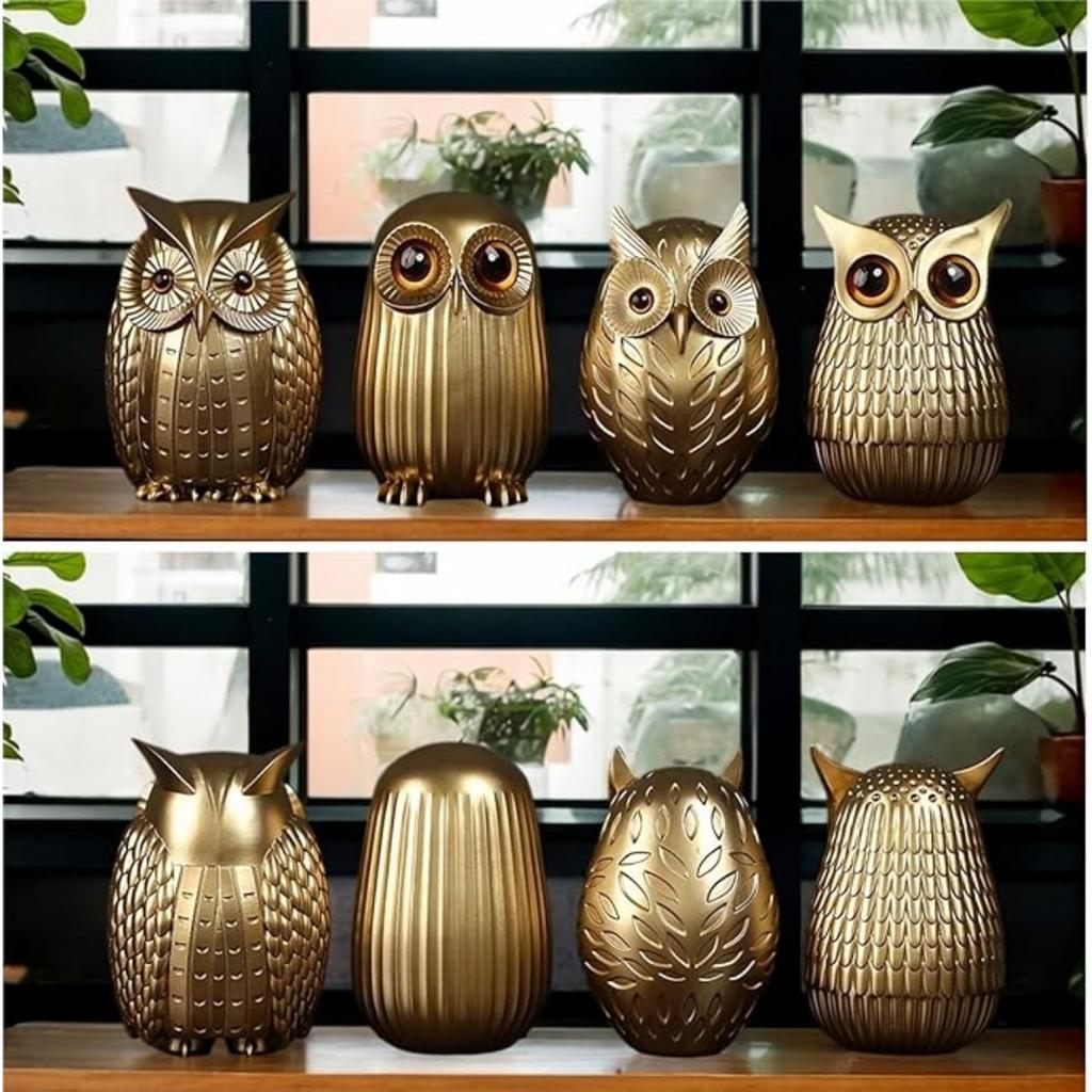 Gold Owl Statue Decor Home Decor for Bookshelf TV Stand Mantel Bedroom Living Room Office, Small Owl Figurines Animal Sculptures Gift for Birds Lovers