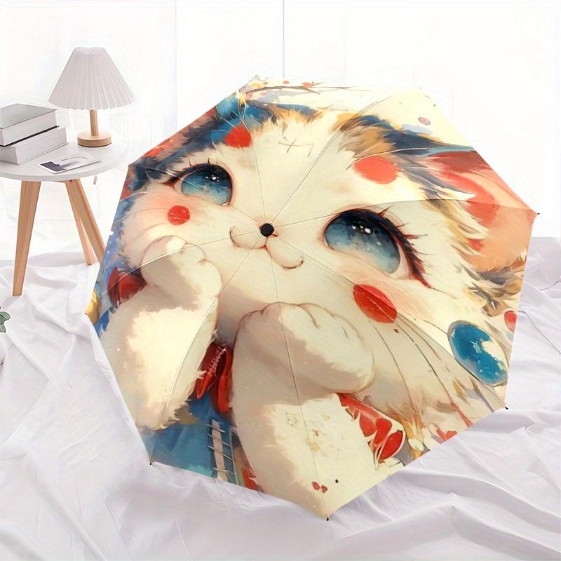 1pc Cute Little Cat Pattern Automatic 3-Fold Umbrella, 8 Steel Frames, High-Value Folding Umbrella, Suitable for Office, Travel and Outdoor Adven