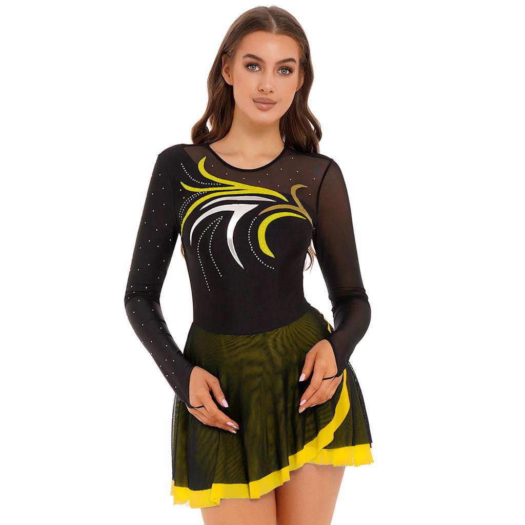 Женское платье для фигурного катания с длинными рукавами, сетчатое платье со стразами для катания на роликах, лирический танцевальный костюм, балетное трико, платье