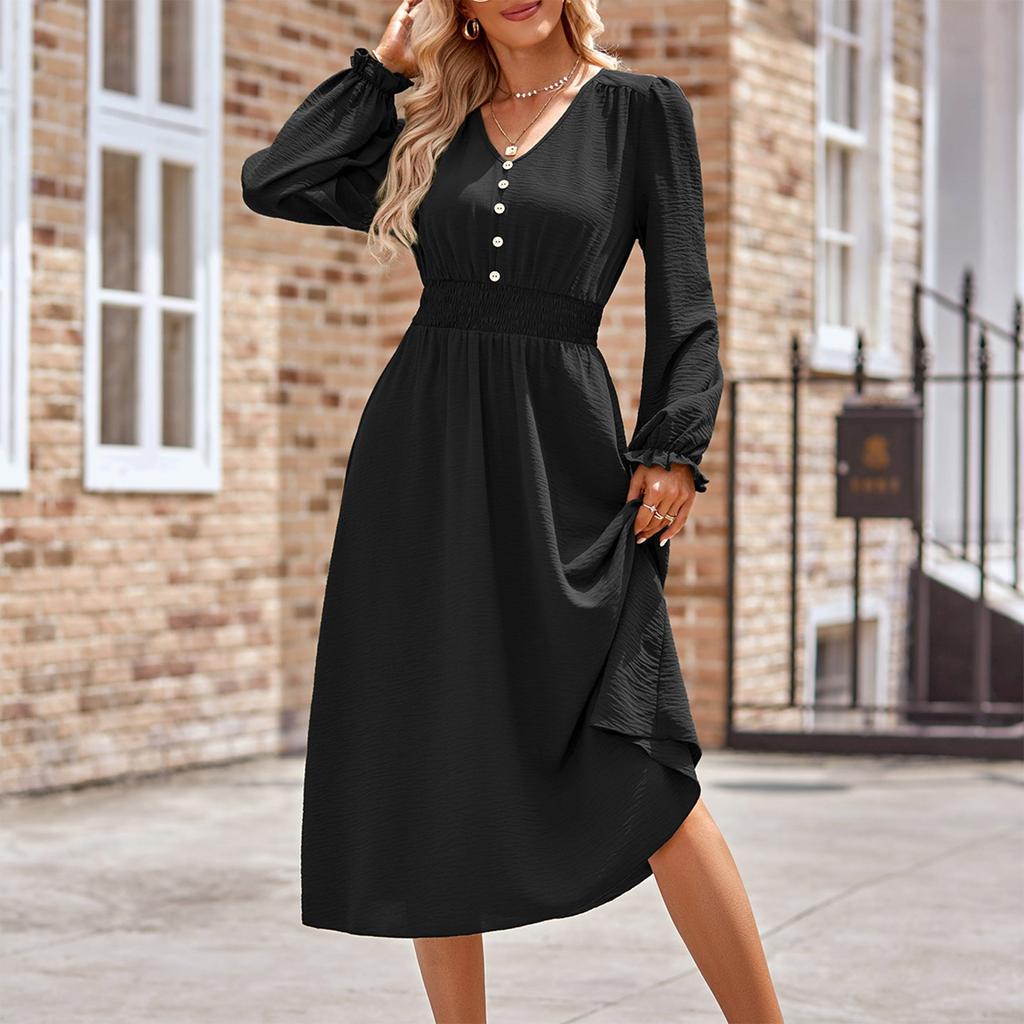 Женское повседневное и модное осенне-зимнее однотонное платье средней длины с v-образным вырезом и поясом