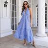 Summer Women's Lattice Hanging Neck Dress Bohemian Holiday Range Waist Ruffle Large Swing Long Dress