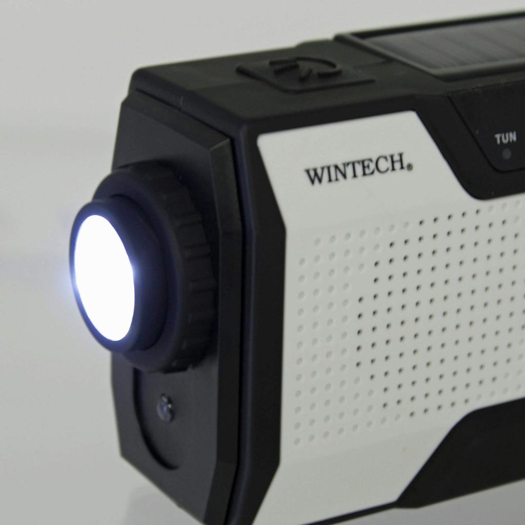 WINTECH Disaster Prevention Splashproof Charging Portable Radio with LED Light White Mobile Charging USB Cable and Type C Adapter Dry Battery