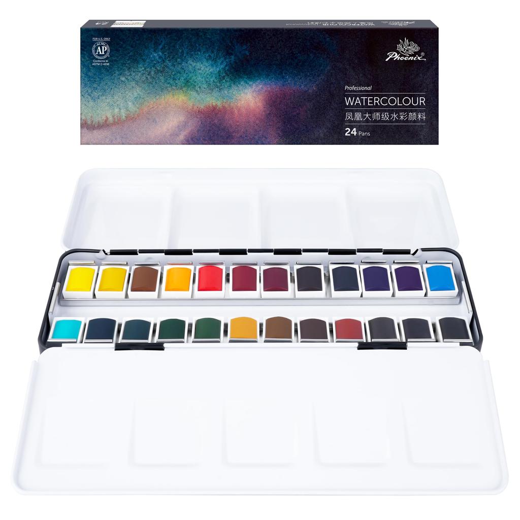 PHOENIX Набор профессиональных акварельных красок 24 цвета полукюветы Профессиональное качество Пигментные акварели в жестяной коробке с палитрой Компактный Портативный для путешествий