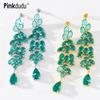 Pindudu Vintage Green Leaf Long Tassel Earrings Fashion Alloy Rhinestone Drop Earrings for Women Jewelry Gifts PD807
