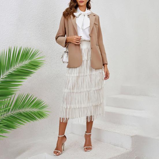 Женская юбка-миди с эластичной резинкой на талии, трапециевидная юбка средней длины с бахромой, однотонная юбка для отдыха, пляжа, путешествий, одежда