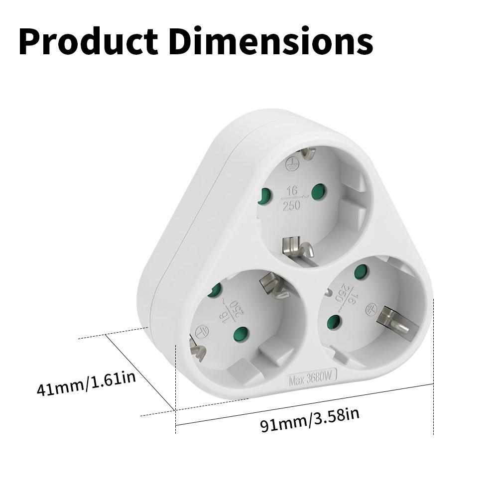 EU Type F 3‑Way Cordless Outlet Splitter – 16A Multi Plug Adapter, 3680W Max