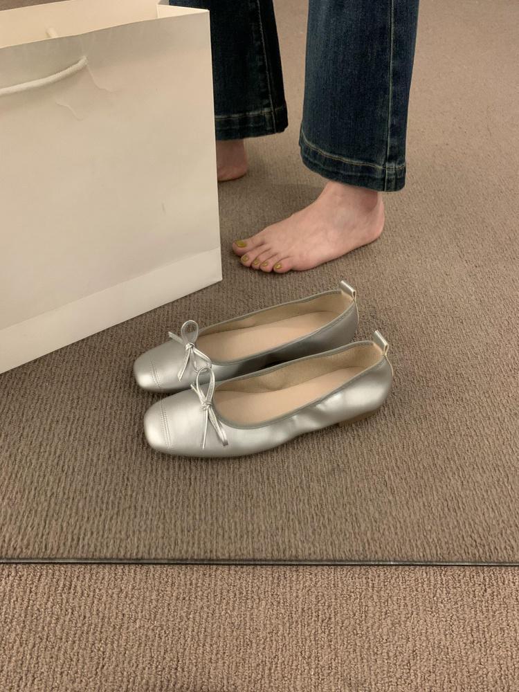 With Skirt Fairy Style Silver Soft Leather Soft-soled Grandma Shoes One Pedal Light Mouth Ballet Shoes Gentle Evening Single Shoes
