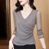 Elastic Mesh Top Autumn Women's Brilliant Silk Long Sleeve Cross Pleated Bottom Shirt Slim Fit T-shirt for Mom