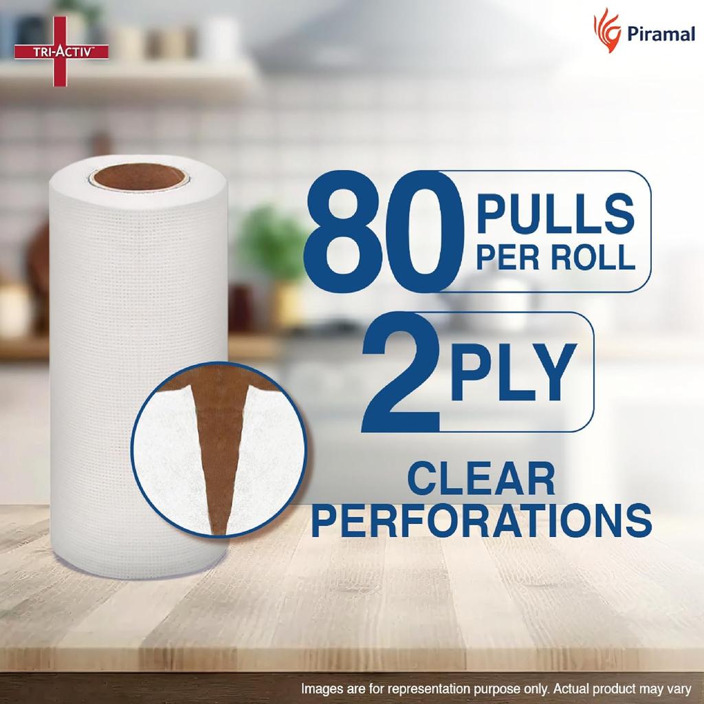 Tri-Activ Washable Reusable Kitchen Towel Roll Pack of 2 | 80 Pulls Per Roll 160 Sheets | Absorbent Non Woven White Kitchen Tissue Roll
