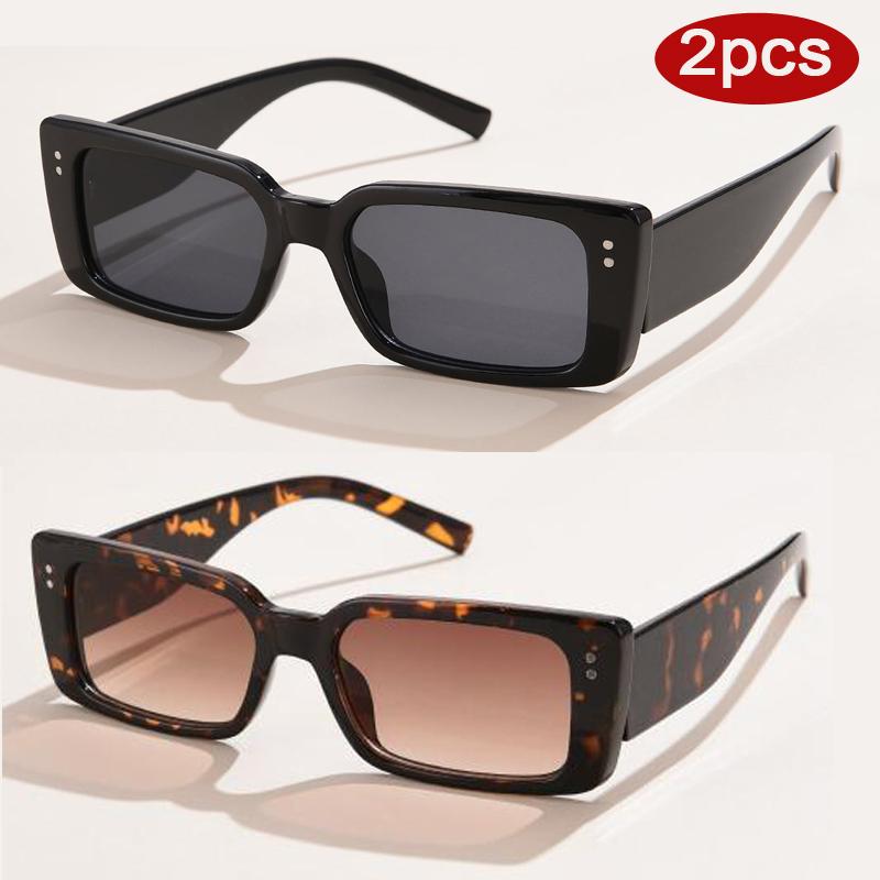 Protective Glasses 2Pcs New Women Imple Style Square Sunglasses Rivet Design Black Leopard Frame Eyewear Female Shades Uv400