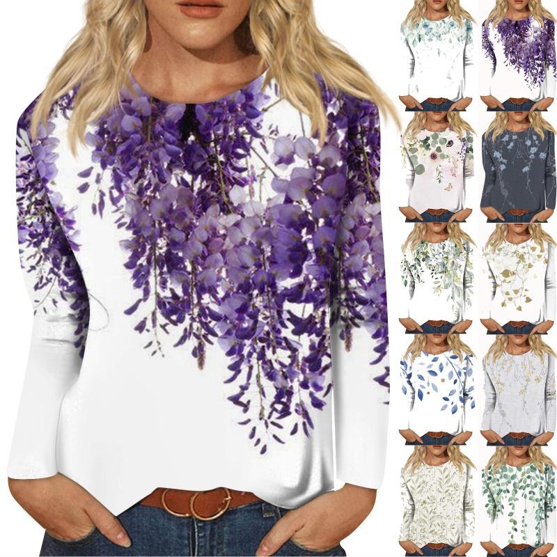 Женская мода повседневная с длинным рукавом цветочный принт круглый вырез пуловер топ блузка футболки женские