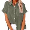 Хлопково-льняная рубашка, женская повседневная блузка с короткими рукавами и лацканами, летние однотонные однобортные рубашки