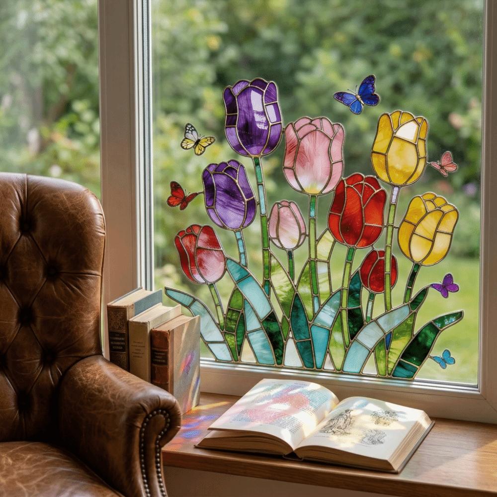 Removable Tulip Glass Stickers Self-adhesive Butterfly Wall Stickers Tulip Window Decals Window