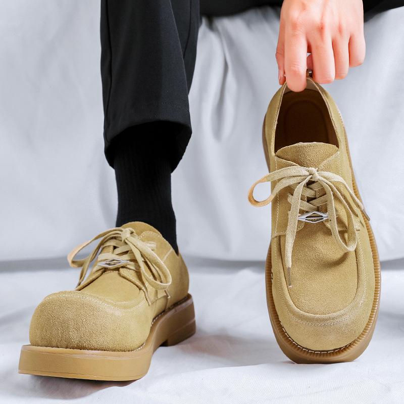 Big Head Leather Shoes Men's Anti-velvet Low-top Rhubarb Boots Thick-soled Heightening British Style High-end Derby Shoes 24331-R