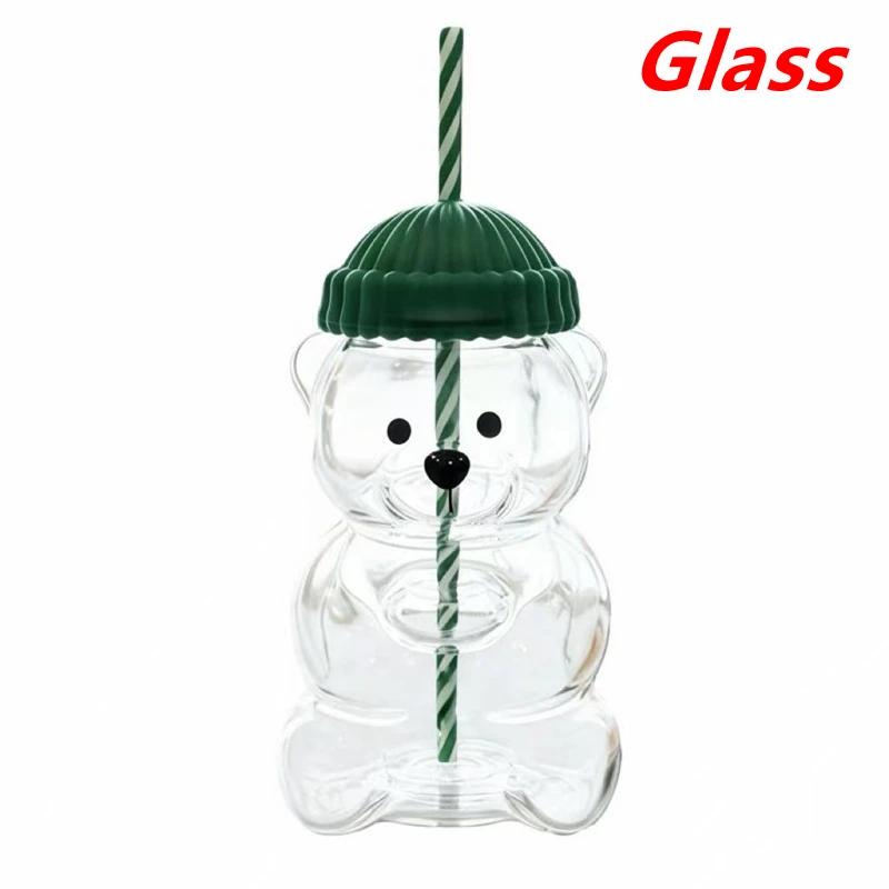 New On  Bear Shape Plastic Or Glass Cup With Straw Coffee Mug Cute Cartoon Creative Glass Juice Cup Tea Cup Drinkware